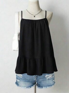 Women's Black Spaghetti Strap Tiered Tank Top
